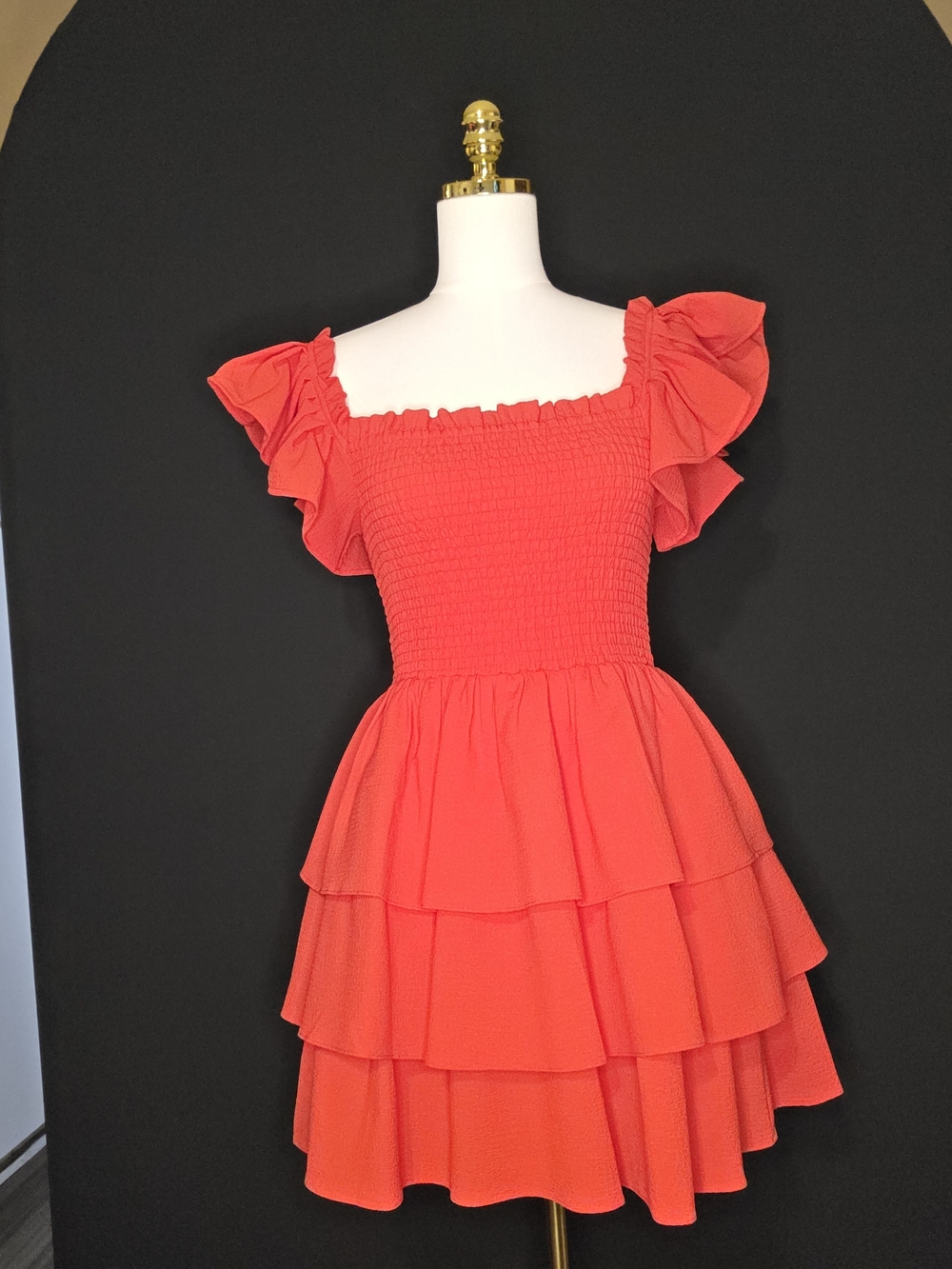 Express Red Smocked Tiered Mini Dress with Ruffle Sleeves